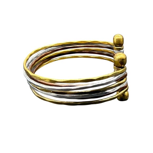 Handcrafted Multitone Open Cuff Bracelet With Gold Copper & Silver Plated Wavy S - Picture 6 of 7